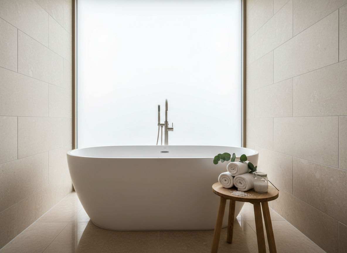 A tranquil spa-inspired bathroom within a premium suite at GardeniЯ, captured in photographic realism. A freestanding oval bathtub with a matte white finish sits near a large frosted window that allows diffused natural light to flood the space. The walls are clad in large, light-beige stone tiles, and the floor is a slightly darker polished stone. A wooden stool holds neatly rolled white towels, a small glass jar with bath salts, and a single sprig of eucalyptus. A sleek, brushed metal floor-mounted faucet arcs gracefully over the tub. Shot at eye level with a slightly wide frame, the composition emphasizes openness and calm. The mood is serene, indulgent, and spa-like, perfectly reflecting the restorative side of a countryside hotel retreat.