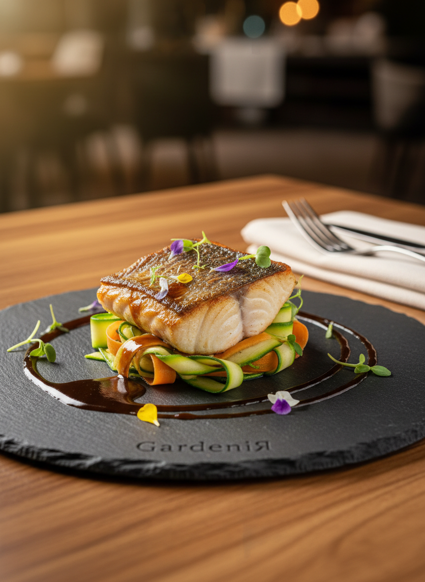 A carefully curated detail shot of GardeniЯ’s gourmet cuisine, in photographic realism. On a dark slate plate rests a meticulously plated main course: a seared piece of fish with a crisp golden exterior, nestled atop a bed of delicate vegetable ribbons in soft greens and oranges, finished with a glossy, rich sauce artfully drizzled. Tiny edible flowers and microgreens add color and texture. The plate sits on a refined wooden table with a subtle grain, accompanied by a folded linen napkin and a gleaming fork partially in frame. Soft, directional warm light from the side creates gentle highlights on the sauce and textures of the fish, with the background falling into a subtle bokeh of the restaurant interior. The mood is luxurious, appetizing, and sophisticated.