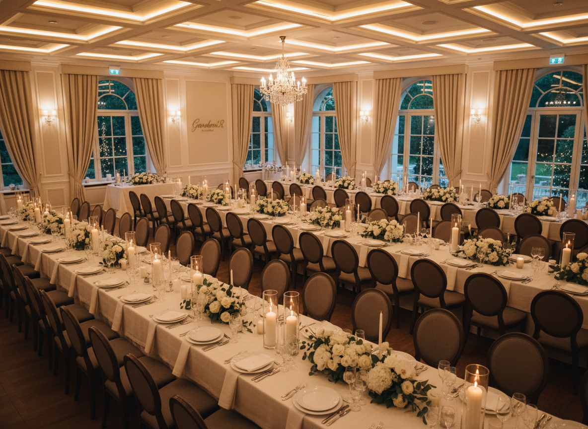 A refined banquet hall at GardeniЯ set for a grand wedding reception, shown in photographic realism. Long rectangular tables are aligned parallel, each covered with ivory linens, tall slender candles in glass holders, and low, abundant floral arrangements in whites, creams, and soft greenery. Elegant chairs with subtle upholstery line both sides. The ceiling features coffered detailing with integrated warm LED lighting, while an understated crystal chandelier adds sparkle above the central aisle. The far wall showcases large windows framed by floor-length drapes, with softly lit garden views beyond. Captured from a high, slightly diagonal angle to reveal the rhythm of tables and decor, the image feels opulent yet tasteful, conveying a sense of celebration, attention to detail, and premium event design.