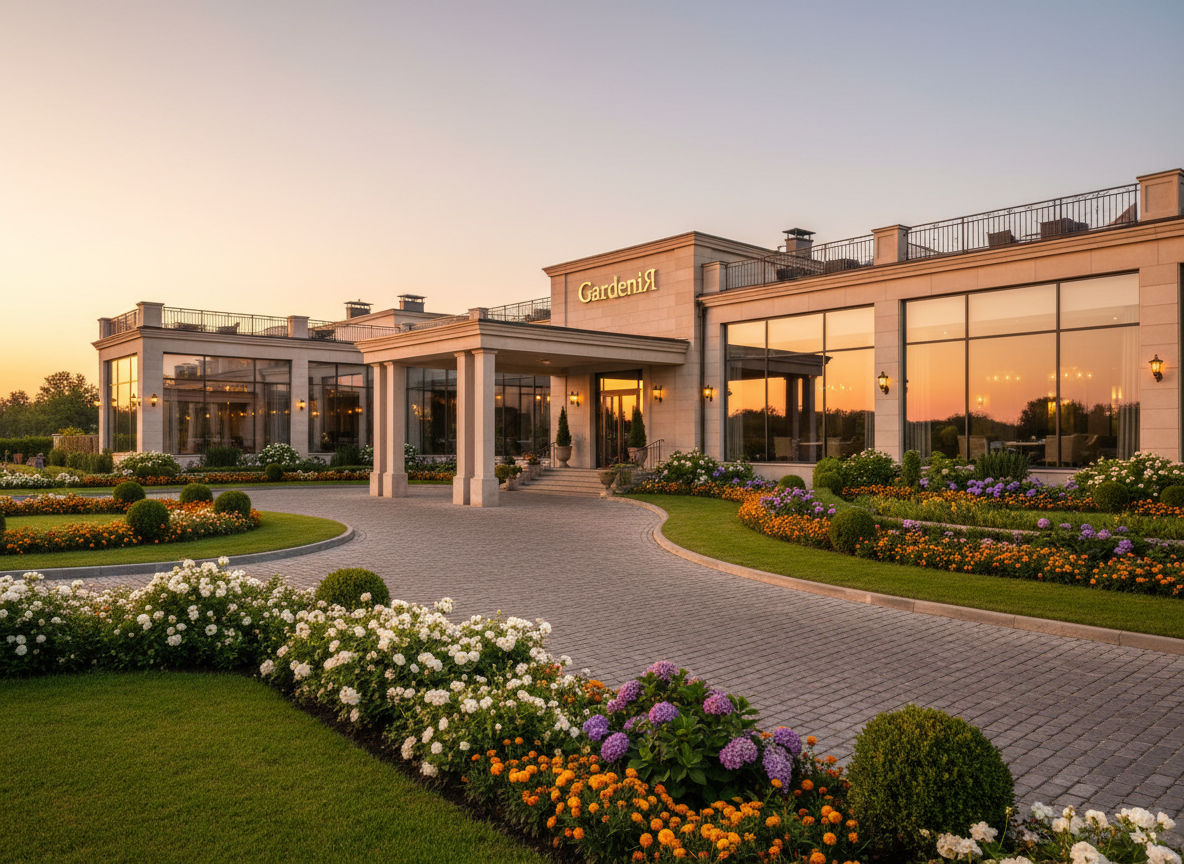 A luxurious hotel-restaurant complex named GardeniЯ, captured in photographic realism at golden hour. The main building features light stone facades, large panoramic windows, and elegant dark metal accents, surrounded by manicured lawns and sculpted flower beds. A broad cobblestone driveway curves gracefully toward a covered entrance, where warm exterior sconces cast a soft amber glow on the walls and pavement. The sky is clear with a subtle warm gradient, reflecting in the glass. Shot from a slightly elevated wide-angle perspective, emphasizing the harmony of architecture and landscaped gardens. The atmosphere feels sophisticated, peaceful, and welcoming, with crisp, detailed textures on stone, glass, and greenery, and gentle, elongated shadows suggesting a serene evening arrival at a premium countryside retreat.