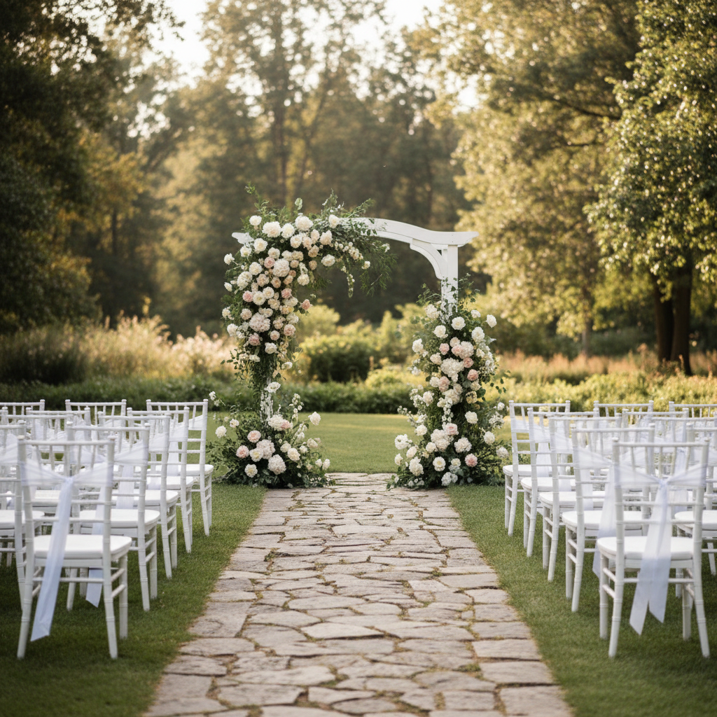 A romantic outdoor wedding ceremony space at GardeniЯ, photographed in soft, natural light. A pristine white ceremony arch stands at the end of a stone aisle, adorned with cascading arrangements of ivory and blush flowers intertwined with fresh greenery. Neatly aligned rows of elegant white chairs with simple satin ribbons create a symmetrical path toward the arch. Beyond, a backdrop of mature trees and landscaped gardens stretches into the distance. Late-afternoon sun filters through the foliage, casting dappled light and gentle shadows across the grass and stone. Shot from the aisle’s entrance with a centered composition, the arch framed in the distance. The mood is serene, anticipatory, and romantic, with photographic realism showcasing every petal, leaf, and fabric fold in exquisite detail.