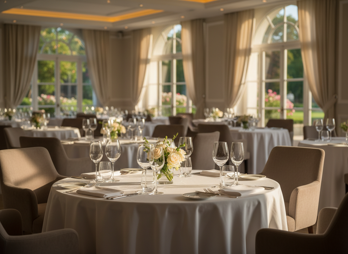 An elegant fine-dining restaurant hall within GardeniЯ, shown in photographic realism, with round tables draped in crisp white linen, each topped with crystal-clear glassware, polished silver cutlery, and minimalist floral centerpieces in pale cream and blush tones. Plush upholstered chairs in soft taupe surround each table. The space is framed by tall, arched windows overlooking a lush garden, with sheer curtains diffusing warm late-afternoon light that creates delicate reflections on the glassware. Discreet recessed ceiling lights add a subtle golden glow. Captured at eye level with a shallow depth of field, the foreground table in sharp focus and the rest of the hall gently blurred, conveying an intimate yet refined atmosphere, perfect for premium dining and special celebrations in a calm, sophisticated setting.