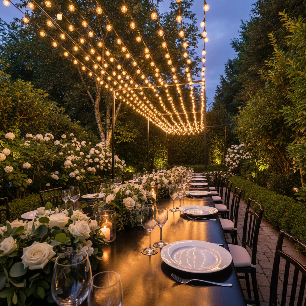 An intimate garden terrace at GardeniЯ prepared for an evening celebration, depicted in photographic realism. A long wooden table with a smooth, dark finish stretches beneath a canopy of string lights, each bulb casting a gentle, warm glow that reflects off polished wine glasses and porcelain plates. Low floral arrangements in soft whites and greens run along the center, interspersed with small glass lanterns. Surrounding the terrace, dense shrubs, blooming flowers, and softly lit trees create a natural, secluded ambiance. The sky is deepening into twilight, with a subtle blue-purple gradient visible through the foliage. Shot from a slightly low, three-quarter angle, the table leads the eye toward the background garden. The mood is magical, sophisticated, and inviting, perfect for weddings and private events al fresco.