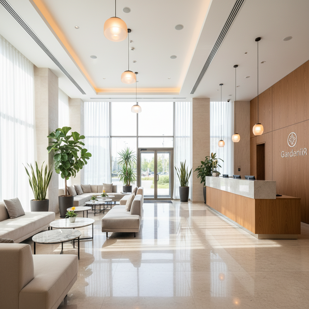 A bright, welcoming hotel lobby at GardeniЯ rendered in photographic realism, with a polished light-stone floor reflecting soft natural light from expansive front windows. A contemporary reception desk in warm wood and stone sits to one side, while a cozy lounge area with low sofas in neutral fabrics and a cluster of small marble-topped tables occupies the other. Tall potted plants with lush green leaves add height and freshness near the windows. Discreet pendant lights and recessed ceiling lighting create a layered, warm illumination. Captured from an eye-level, wide-angle perspective that shows both entrance and seating, the composition feels open yet intimate. The atmosphere is refined, calm, and quietly luxurious, suggesting attentive service and a premium experience from the moment guests arrive.